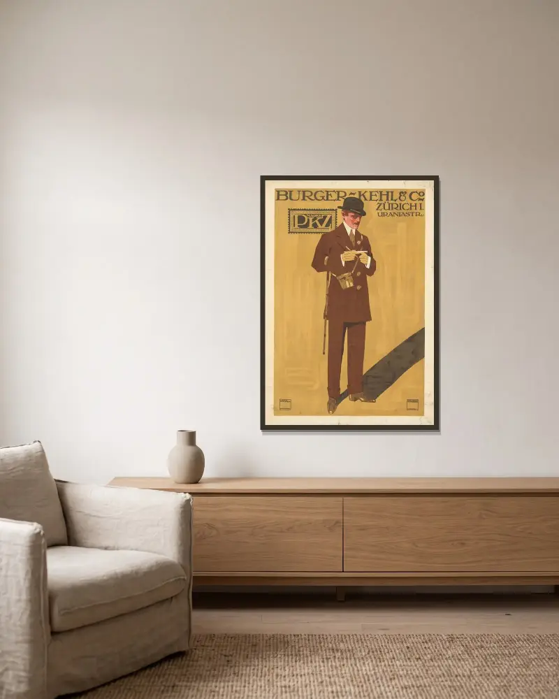 Burger-Kehl & Co. Zürich. Marke PKZ von Ludwig Hohlwein gerahmt an einer Wand