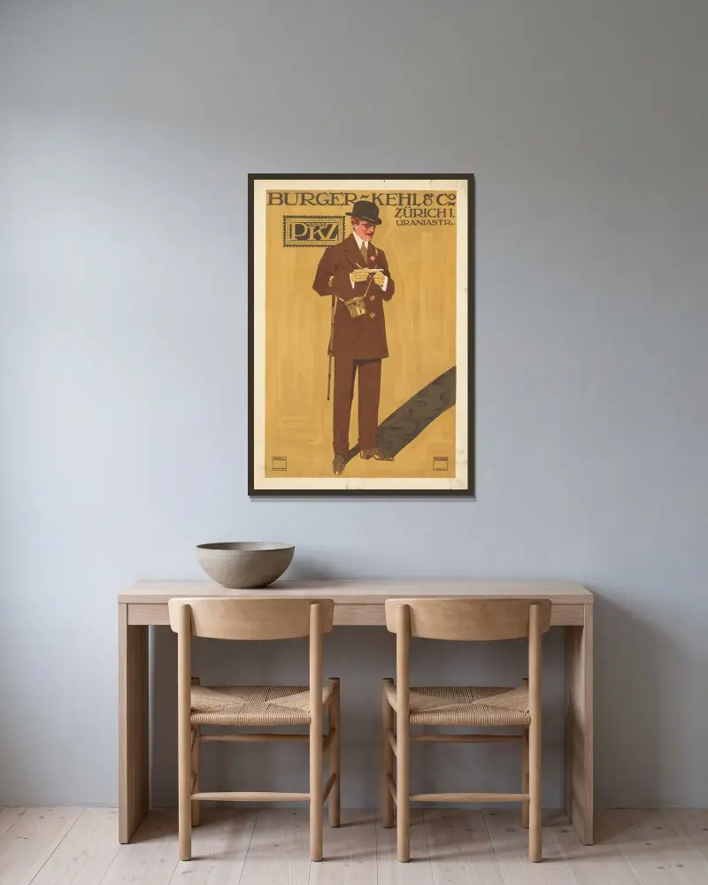 Burger-Kehl & Co. Zürich. Marke PKZ von Ludwig Hohlwein gerahmt an einer Wand