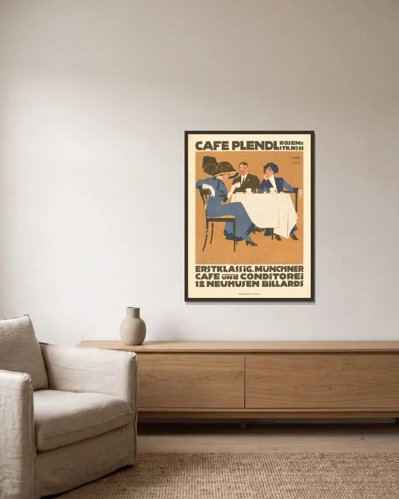 Café Plendl. Münchner Cafe und Konditorei av Ludwig Hohlwein inramad på en vägg
