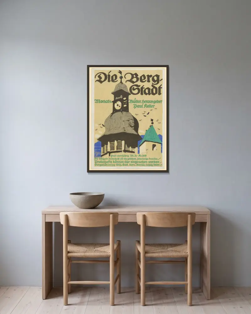 Die Bergstadt. Monatsblätter av Ludwig Hohlwein inramad på en vägg