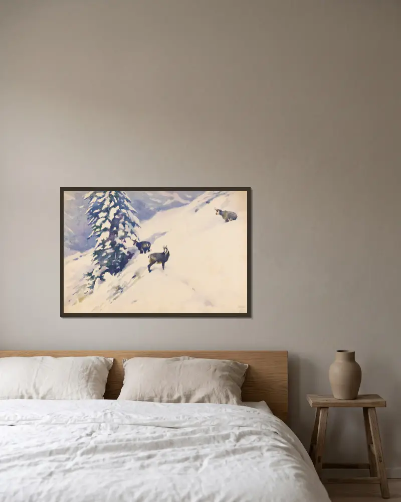 Gemsen im Schnee av Ludwig Hohlwein inramad på en vägg