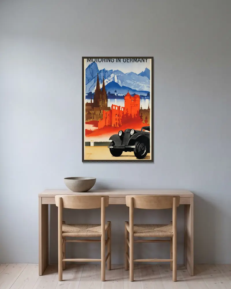 Motoring in Germany av Ludwig Hohlwein inramad på en vägg