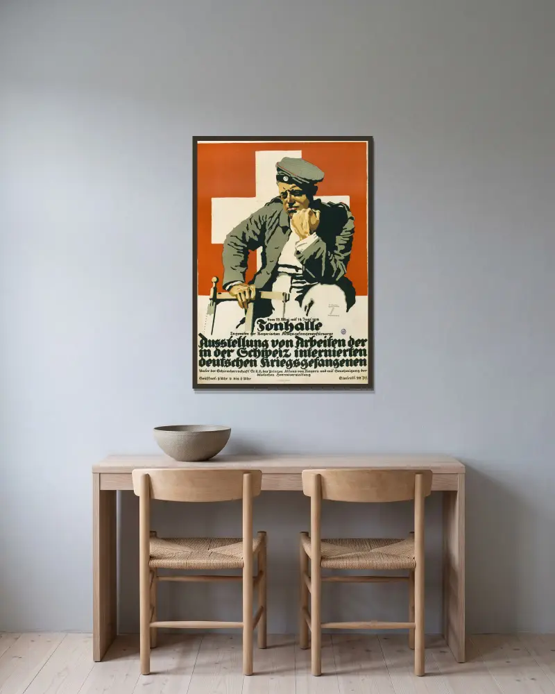 Tonhalle … Ausstellung von Arbeiten der in der Schweiz internierten deutschen Kriegsgefangenen av Ludwig Hohlwein inramad på en vägg