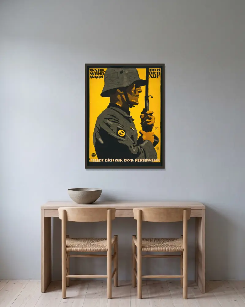 Wahr dich, Wehr dich, Wach auf. Melde dich zur Bayr. Reichswehr av Ludwig Hohlwein inramad på en vägg