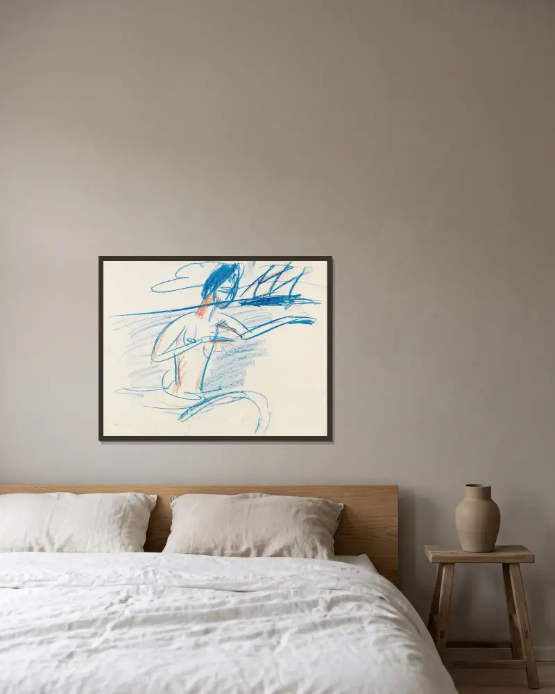 Badender Akt mit Segelboot von Ernst Ludwig Kirchner gerahmt an einer Wand