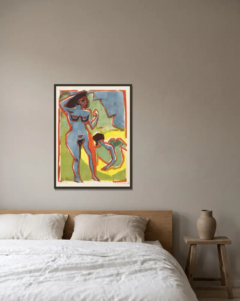 Badende Frauen (Moritzburg) von Ernst Ludwig Kirchner gerahmt an einer Wand