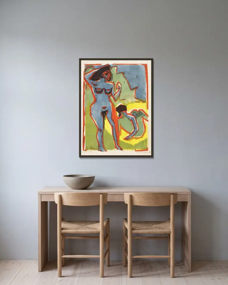 Badende Frauen (Moritzburg) von Ernst Ludwig Kirchner gerahmt an einer Wand