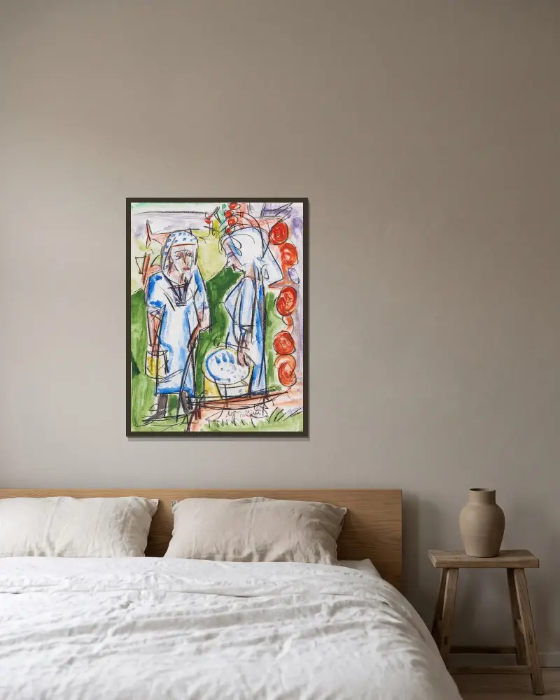 Bönder vid brunnen på Stafelalp av Ernst Ludwig Kirchner inramad på en vägg