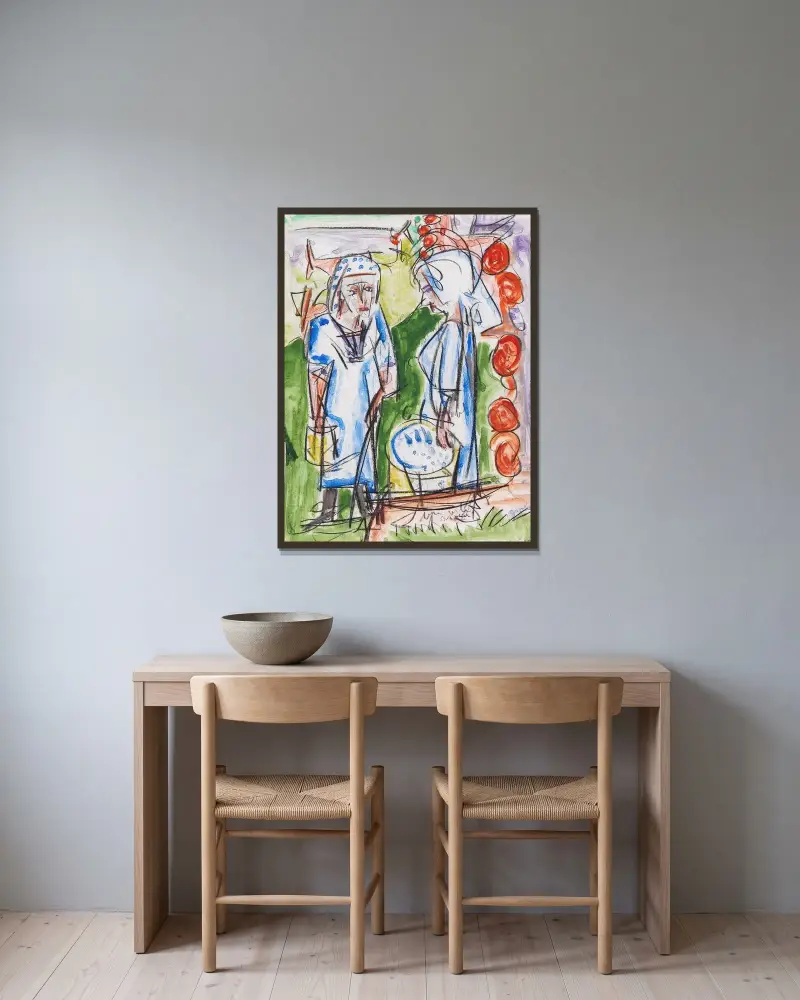 Bönder vid brunnen på Stafelalp av Ernst Ludwig Kirchner inramad på en vägg