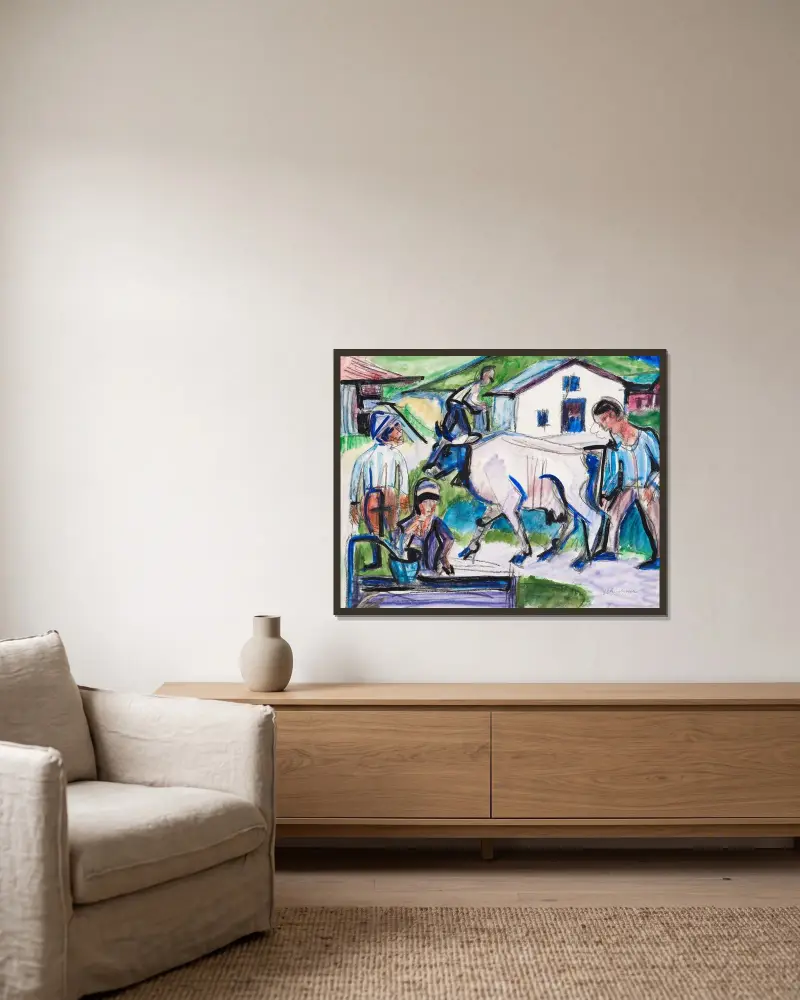 Bauern mit Kuh, Ernst Ludwig Kirchner v rámu na stěně