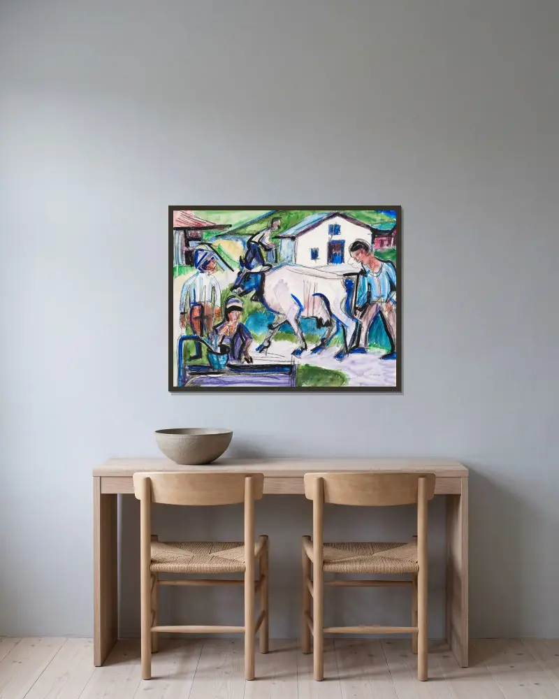 Bauern mit Kuh, Ernst Ludwig Kirchner v rámu na stěně