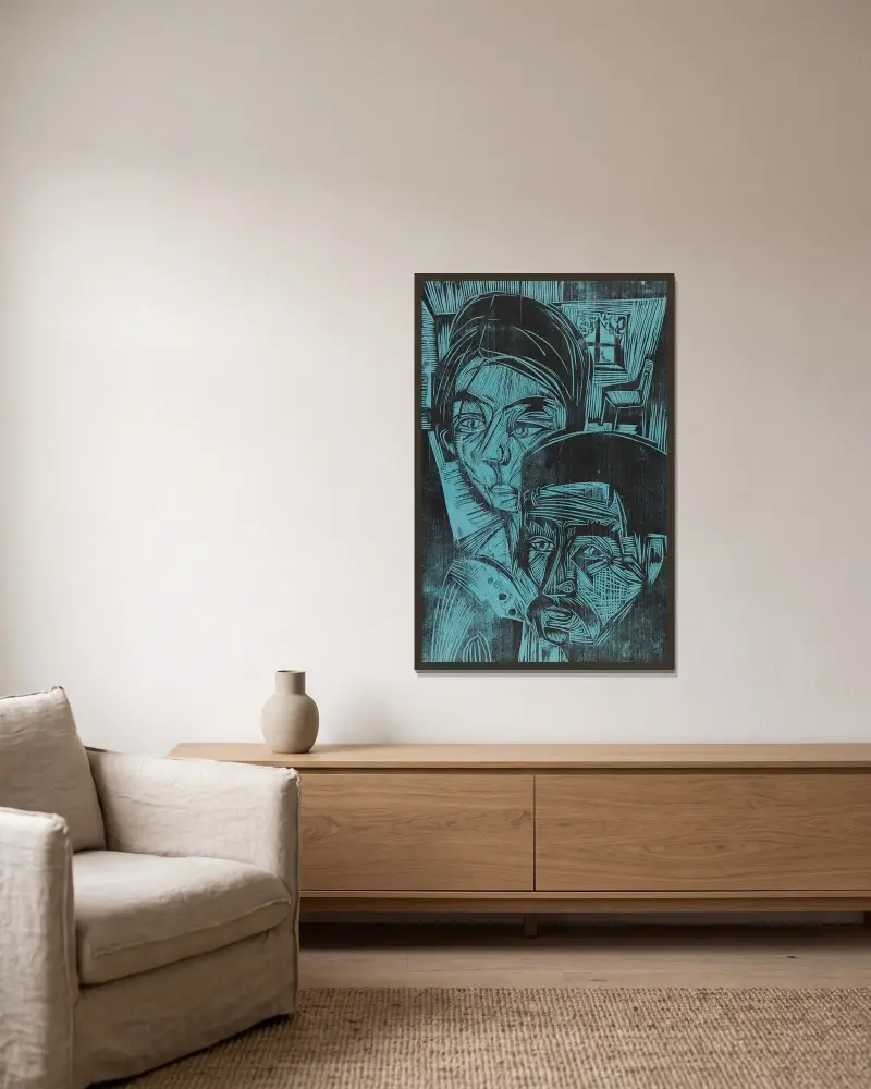 Bauernpaar in der Hütte (Andres und Annamargret Müller) av Ernst Ludwig Kirchner inramad på en vägg