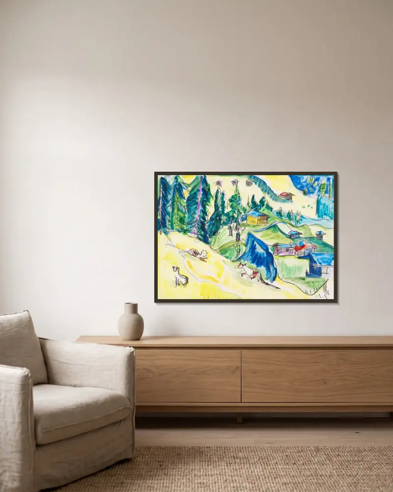 Bergsäng med hyddor och katter av Ernst Ludwig Kirchner inramad på en vägg