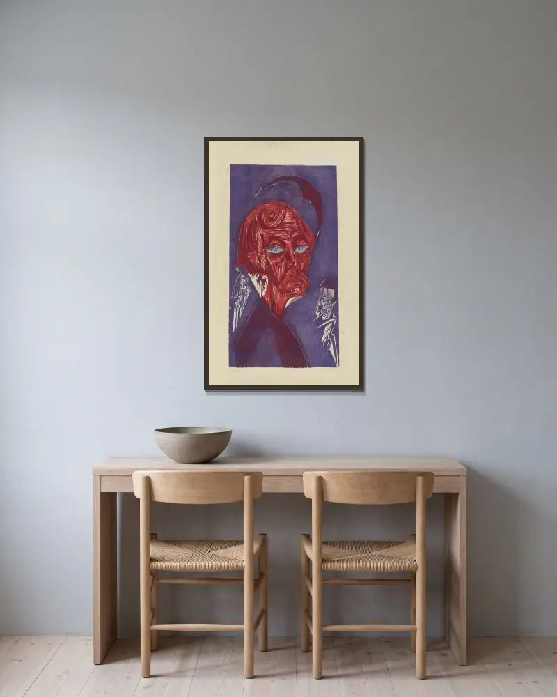 Blonder Maler. – Bildnis Karl Stirner av Ernst Ludwig Kirchner inramad på en vägg