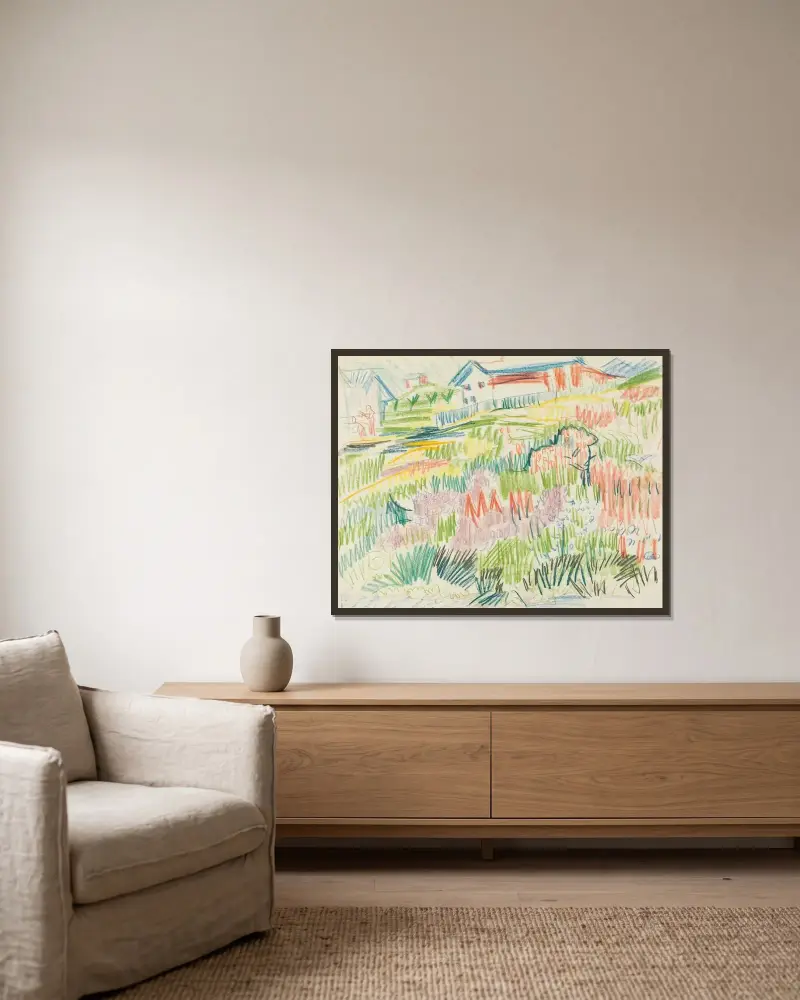 Blumenwiese mit Häusern av Ernst Ludwig Kirchner inramad på en vägg