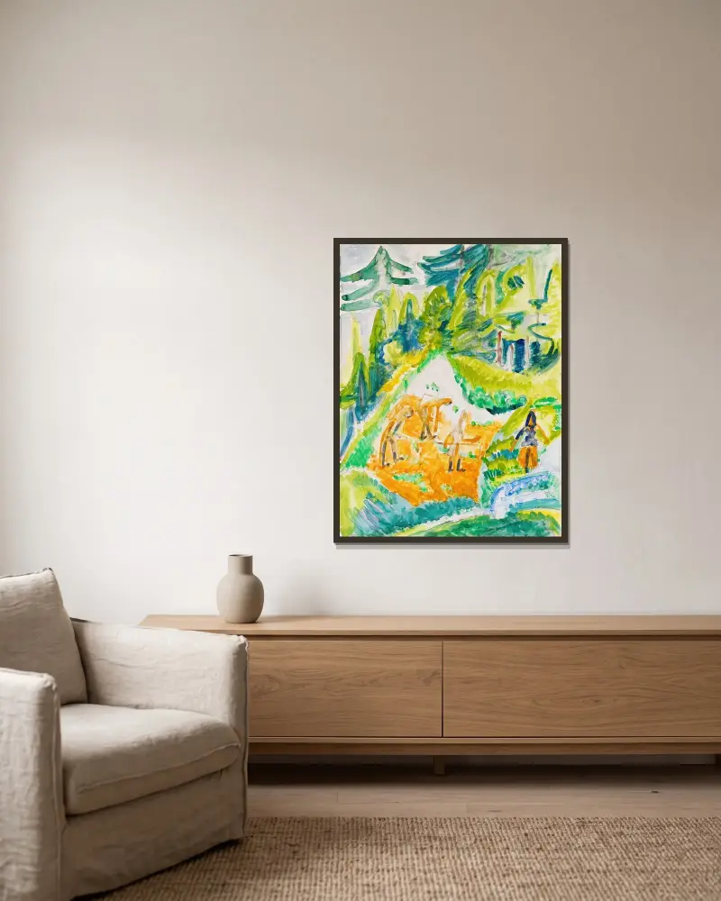 Davoser Landschaft mit Bergbauern av Ernst Ludwig Kirchner inramad på en vägg