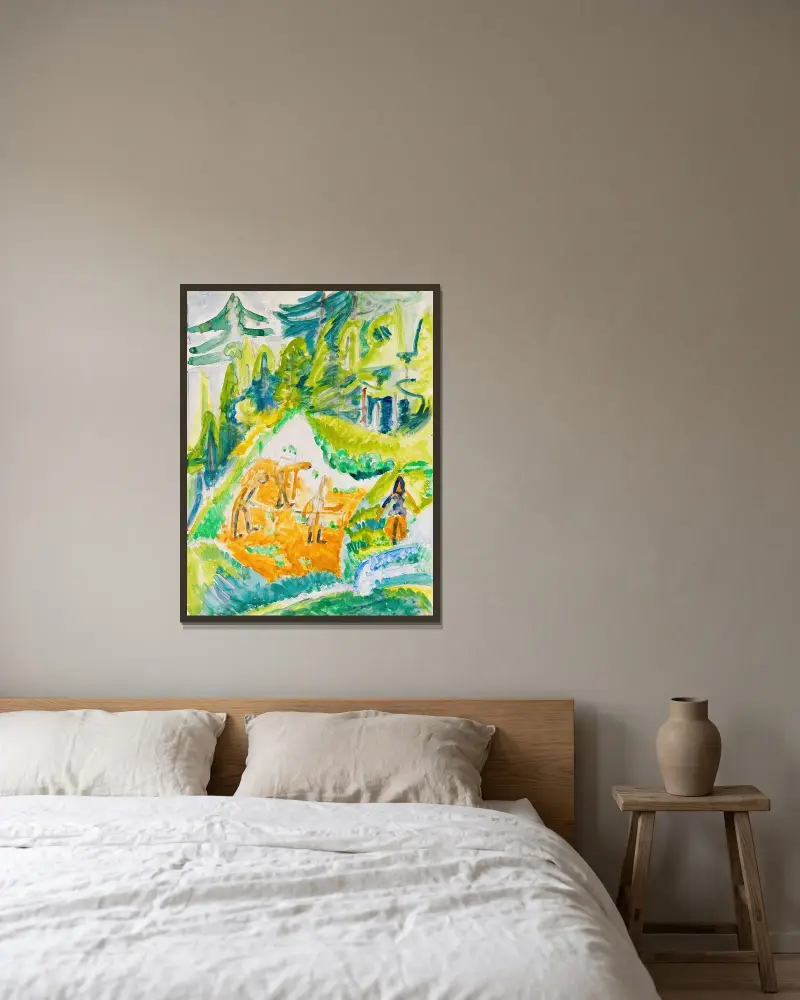 Davoser Landschaft mit Bergbauern av Ernst Ludwig Kirchner inramad på en vägg