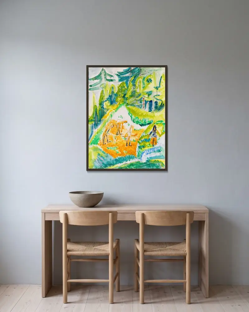 Davoser Landschaft mit Bergbauern av Ernst Ludwig Kirchner inramad på en vägg