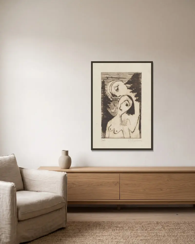 Der Kuss von Ernst Ludwig Kirchner gerahmt an einer Wand