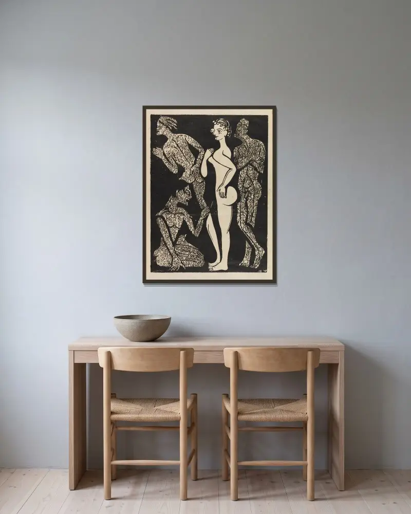 Die Frau und die Männer av Ernst Ludwig Kirchner inramad på en vägg