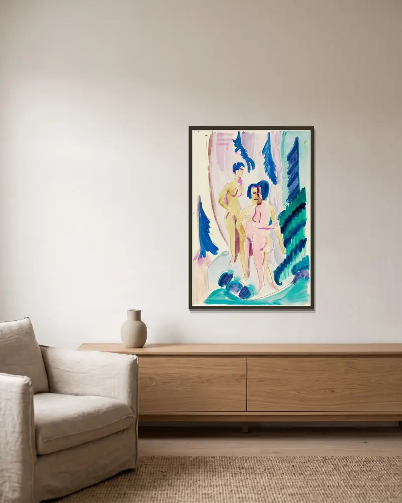 Drei Akte im Bergwald av Ernst Ludwig Kirchner inramad på en vägg