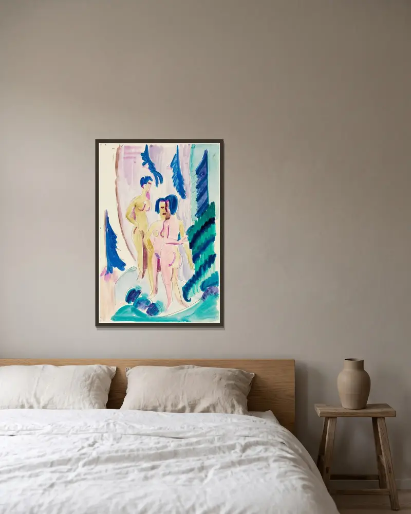 Drei Akte im Bergwald av Ernst Ludwig Kirchner inramad på en vägg
