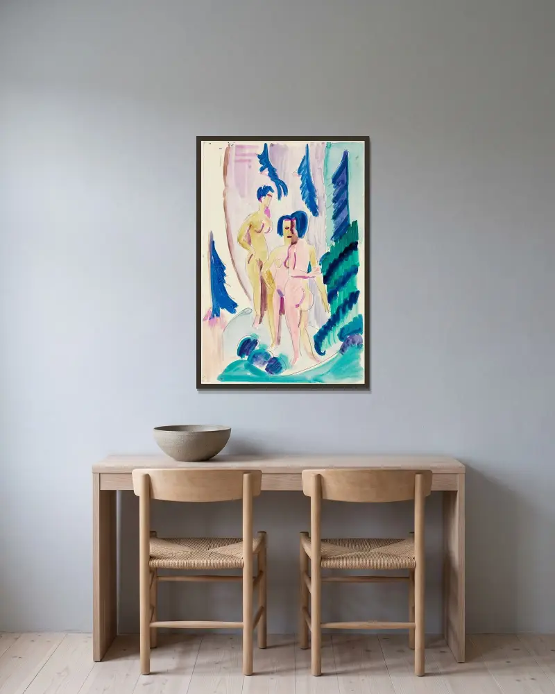Drei Akte im Bergwald av Ernst Ludwig Kirchner inramad på en vägg