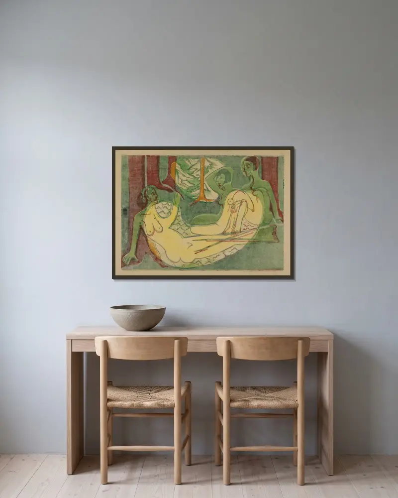 Drei Akte im Walde av Ernst Ludwig Kirchner inramad på en vägg