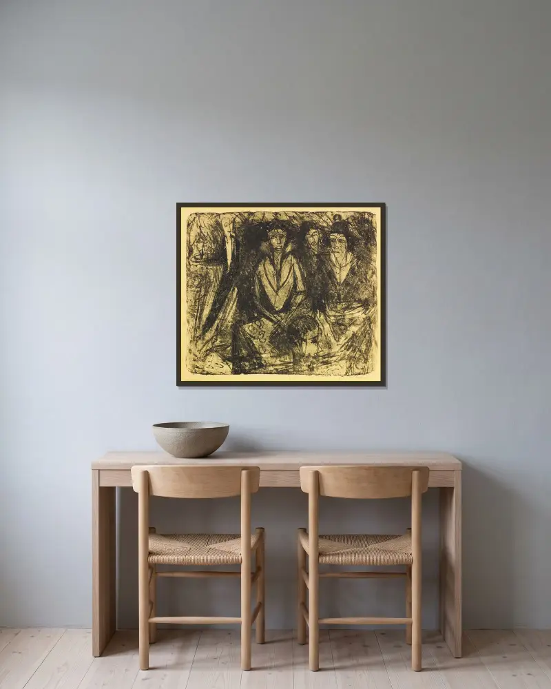 Drei Frauen im Cafégarten – Gartenrestaurant Schlachtensee av Ernst Ludwig Kirchner inramad på en vägg