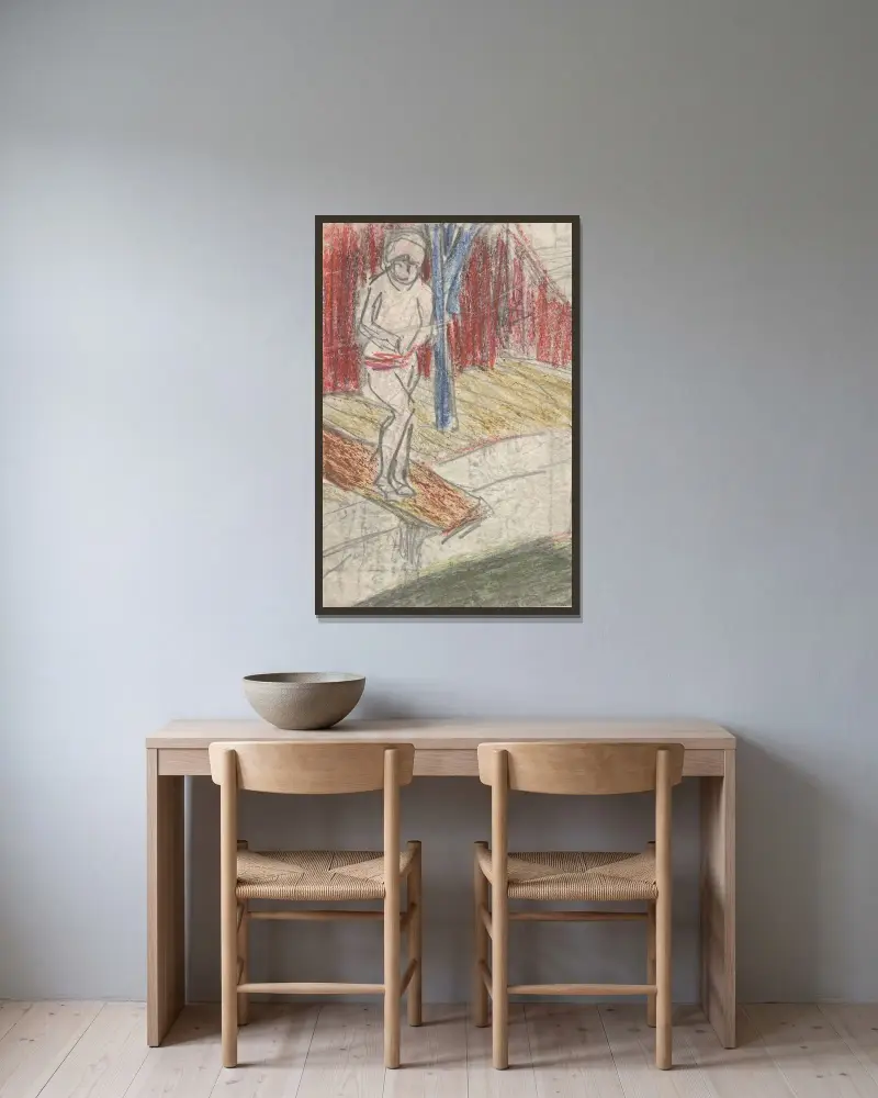 Figur auf dem Sprungbrett von Ernst Ludwig Kirchner gerahmt an einer Wand