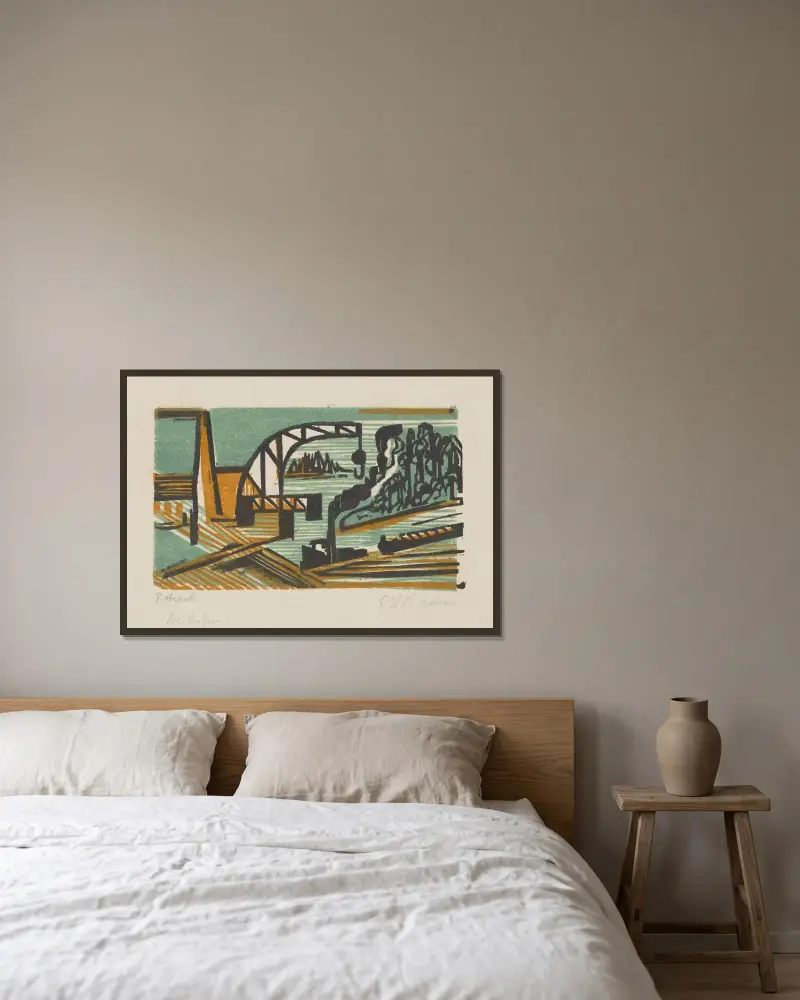 Flusslandschaft mit Kran und Schleppzug av Ernst Ludwig Kirchner inramad på en vägg