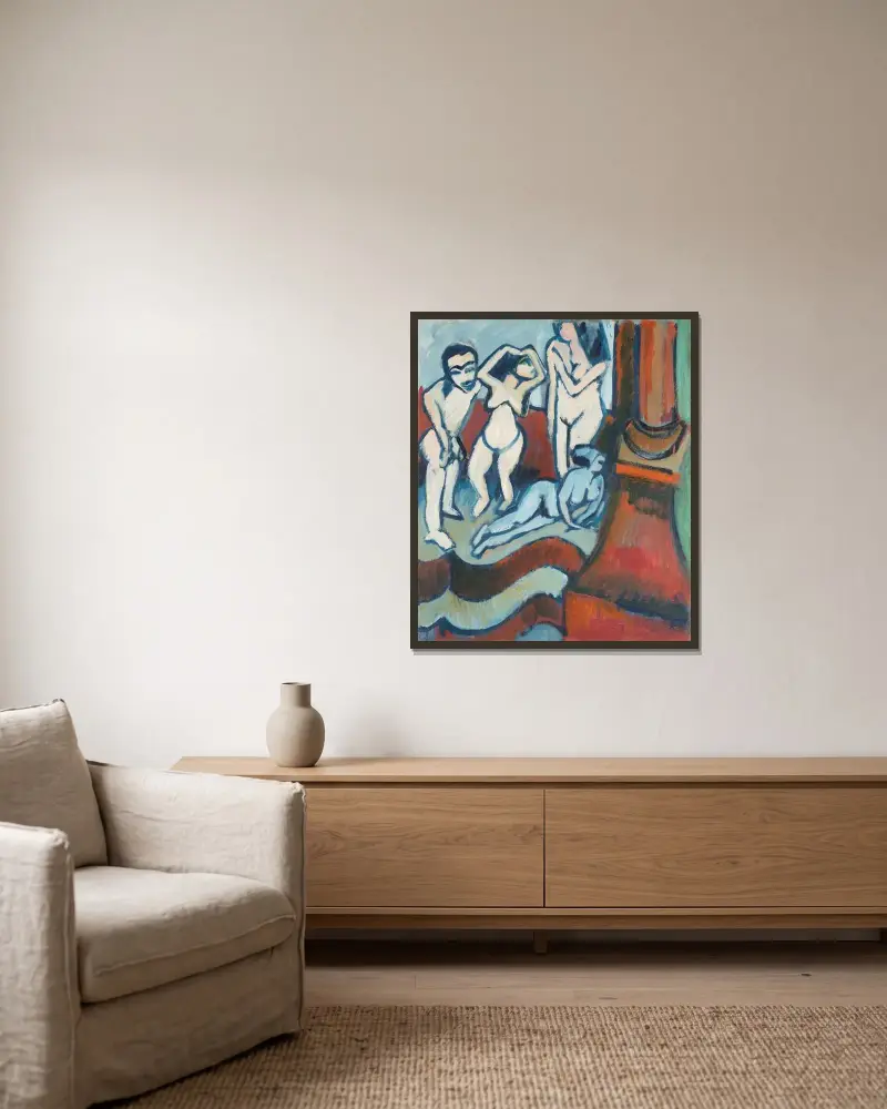 Four Wooden Sculptures av Ernst Ludwig Kirchner inramad på en vägg