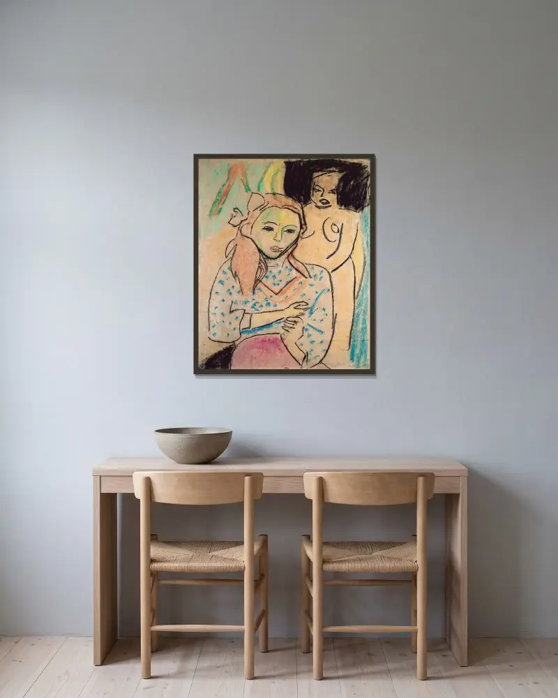 Fränzi in front of a Carved Chair av Ernst Ludwig Kirchner inramad på en vägg
