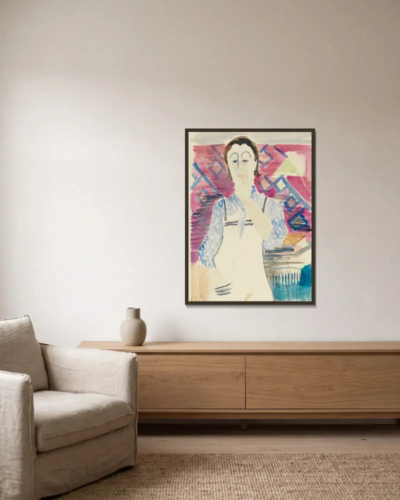 Frau mit Schürze (Erna Kirchner) von Ernst Ludwig Kirchner gerahmt an einer Wand