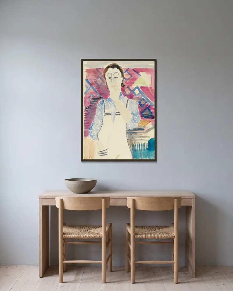 Frau mit Schürze (Erna Kirchner) von Ernst Ludwig Kirchner gerahmt an einer Wand