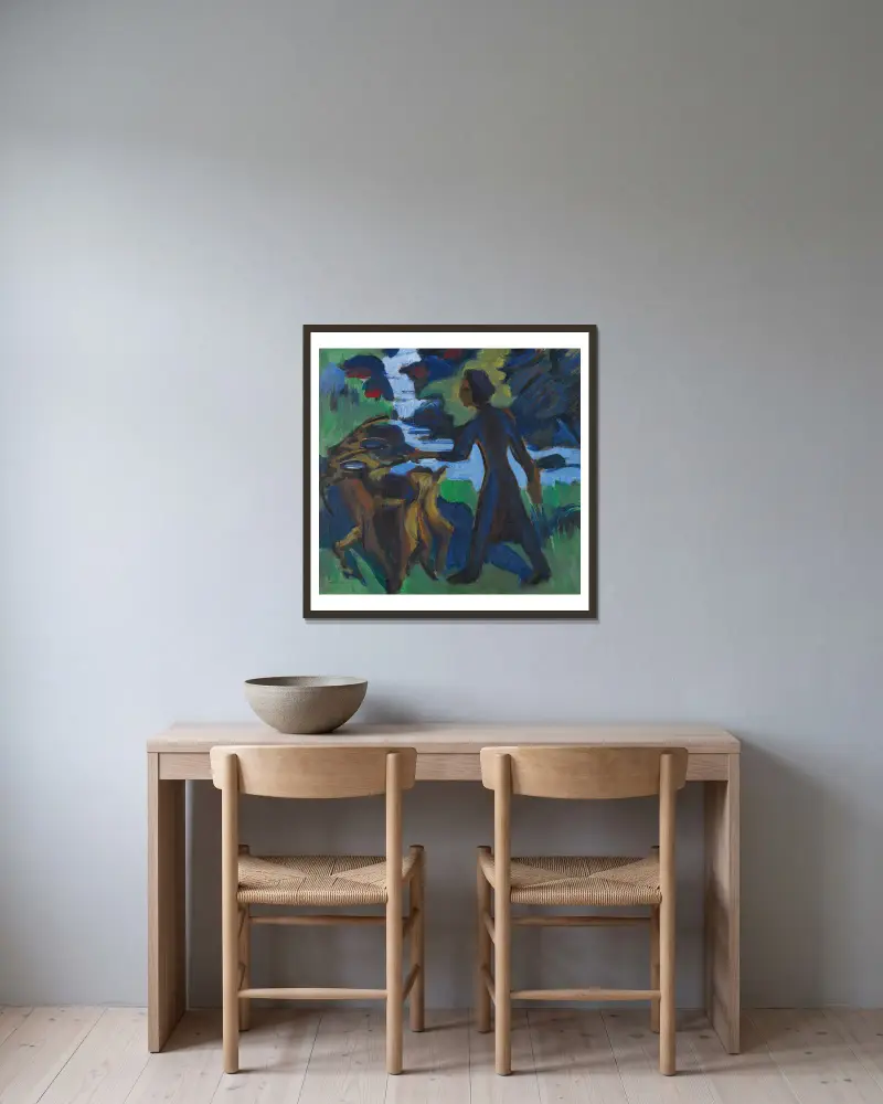 Frau mit Ziege av Ernst Ludwig Kirchner inramad på en vägg
