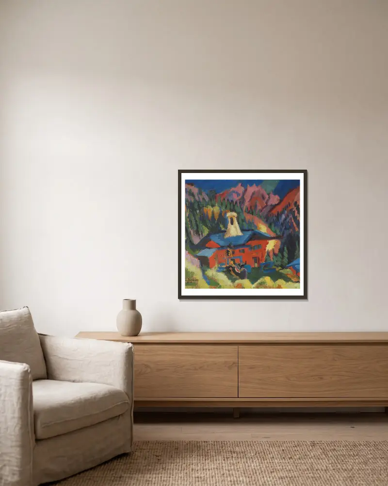 Haus auf der Staffel av Ernst Ludwig Kirchner inramad på en vägg
