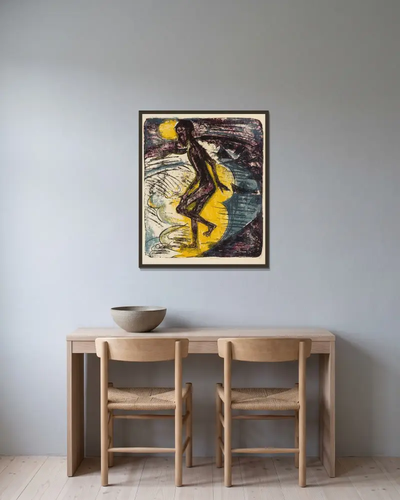 Ins Meer Schreitender (Hans Gewecke) av Ernst Ludwig Kirchner inramad på en vägg