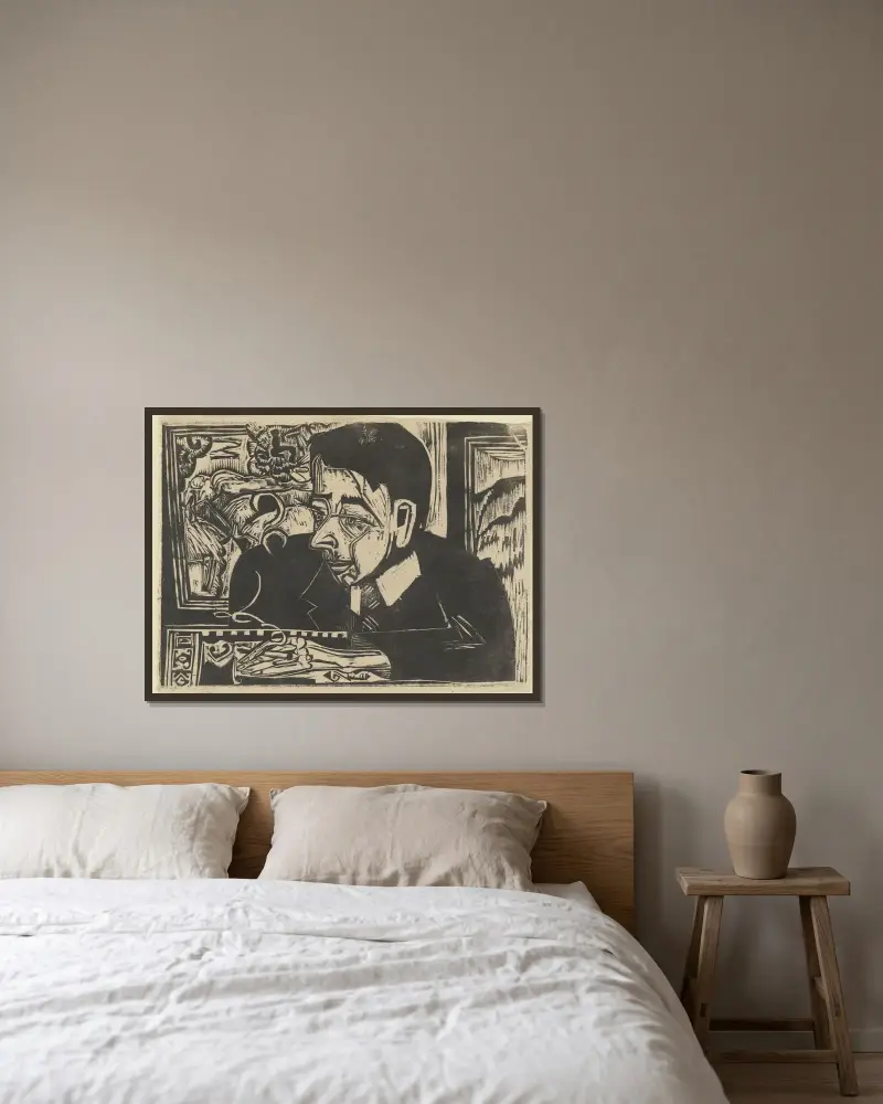 Kopf Merz von Ernst Ludwig Kirchner gerahmt an einer Wand