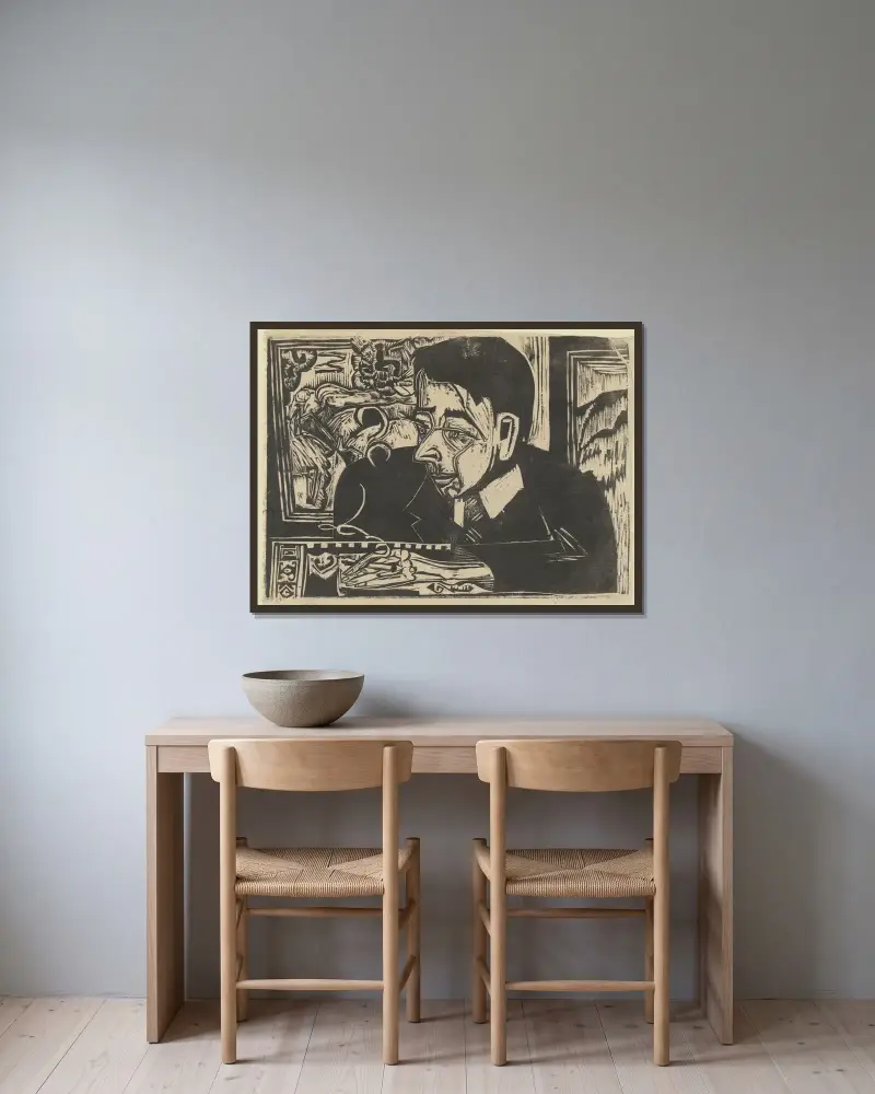 Kopf Merz von Ernst Ludwig Kirchner gerahmt an einer Wand
