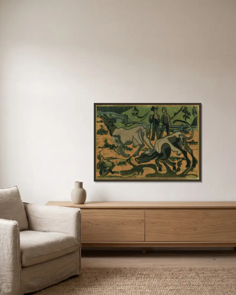 Kühe Im Frühling – nr 1 av Ernst Ludwig Kirchner inramad på en vägg