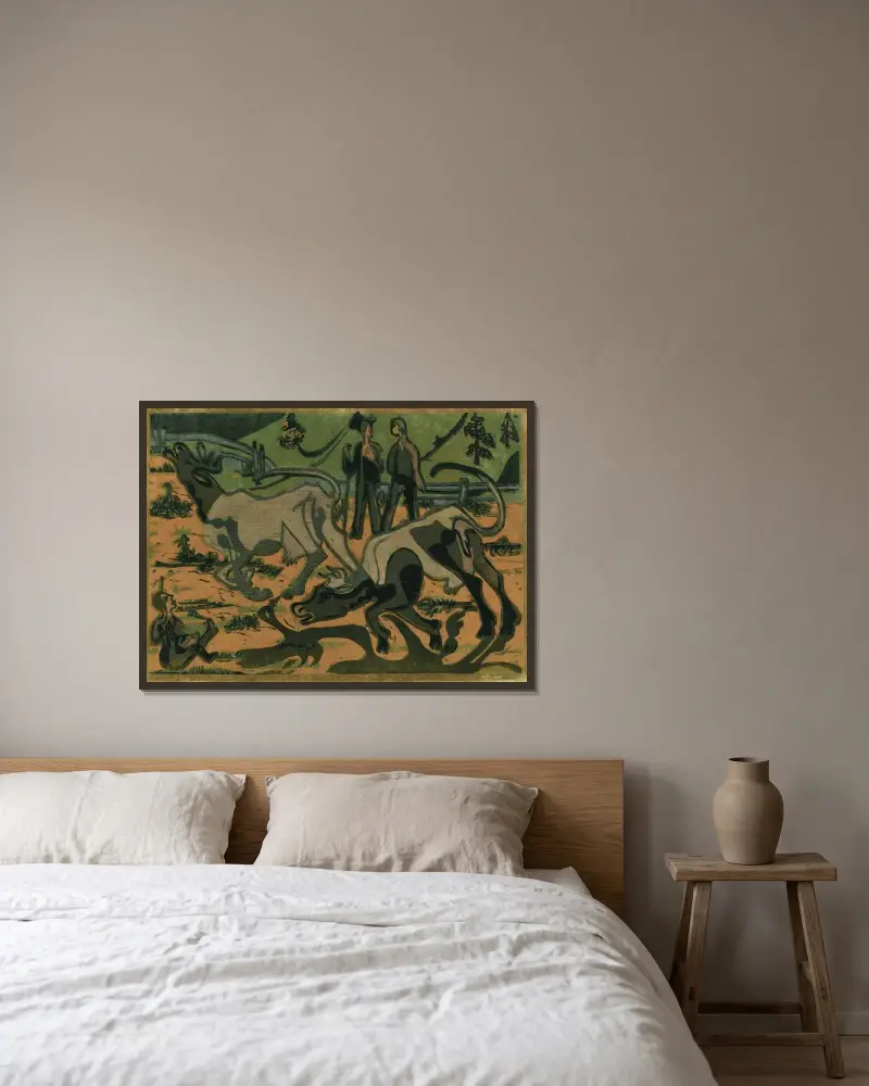 Kühe Im Frühling – nr 1 av Ernst Ludwig Kirchner inramad på en vägg