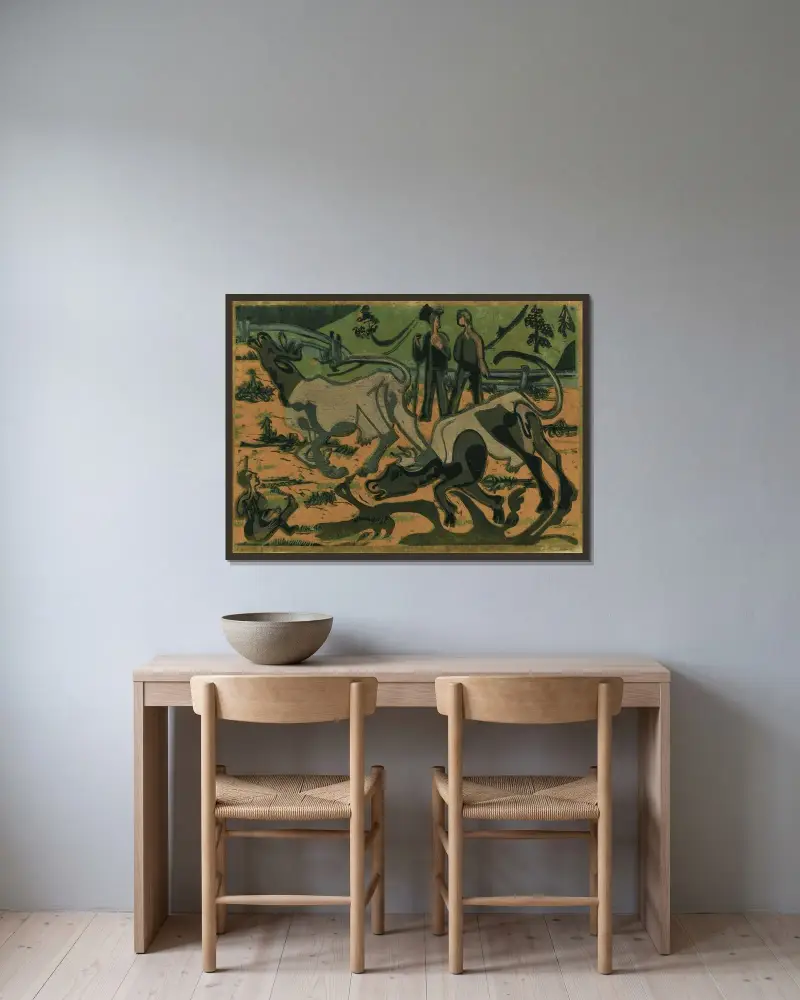 Kühe Im Frühling – nr 1 av Ernst Ludwig Kirchner inramad på en vägg