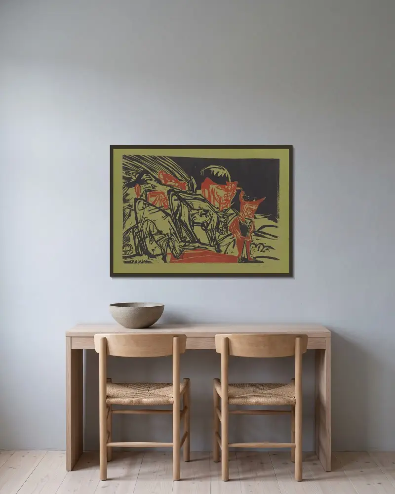 Kuhherde mit einem Hirten von Ernst Ludwig Kirchner gerahmt an einer Wand