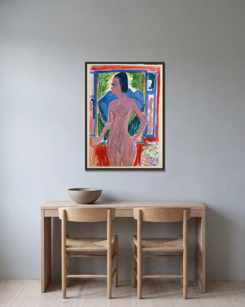 Naked woman at the window av Ernst Ludwig Kirchner inramad på en vägg