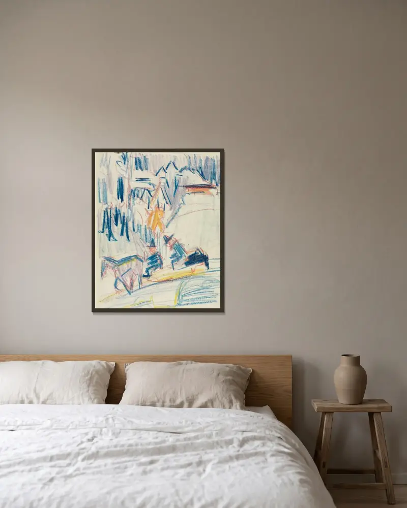 Pferdeschlitten mit zwei Männern im Hochgebirge av Ernst Ludwig Kirchner inramad på en vägg
