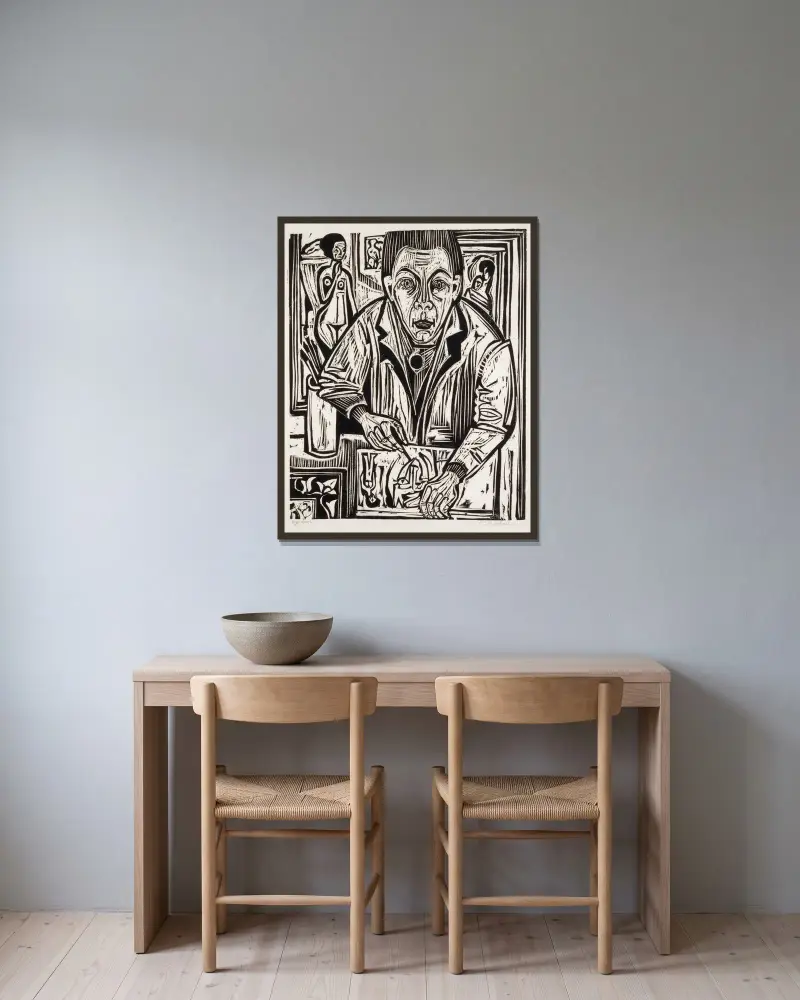 Selbstbildnis, holzschneidend av Ernst Ludwig Kirchner inramad på en vägg