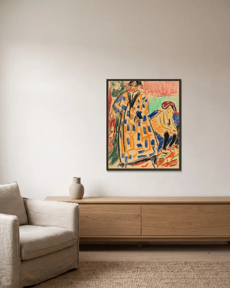 Selbstbildnis mit Modell von Ernst Ludwig Kirchner gerahmt an einer Wand