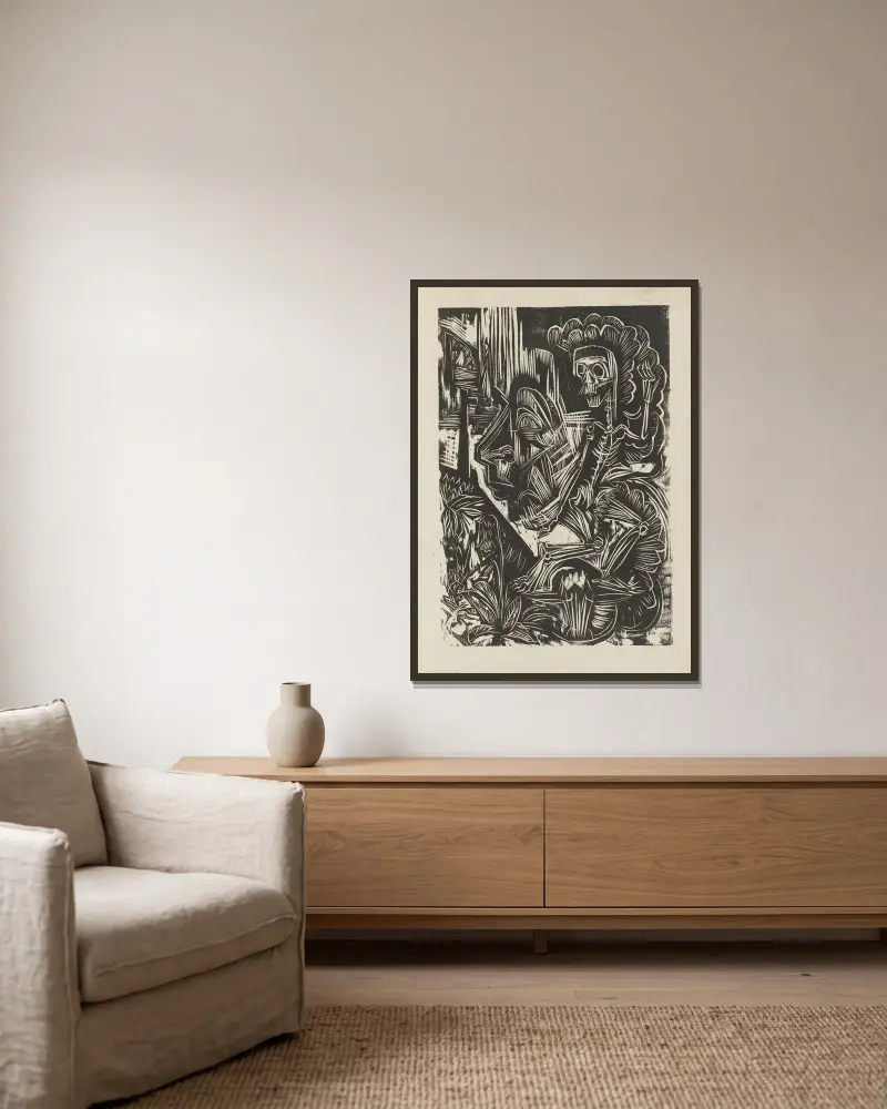 Selbstbildnis mit tanzendem Tod von Ernst Ludwig Kirchner gerahmt an einer Wand