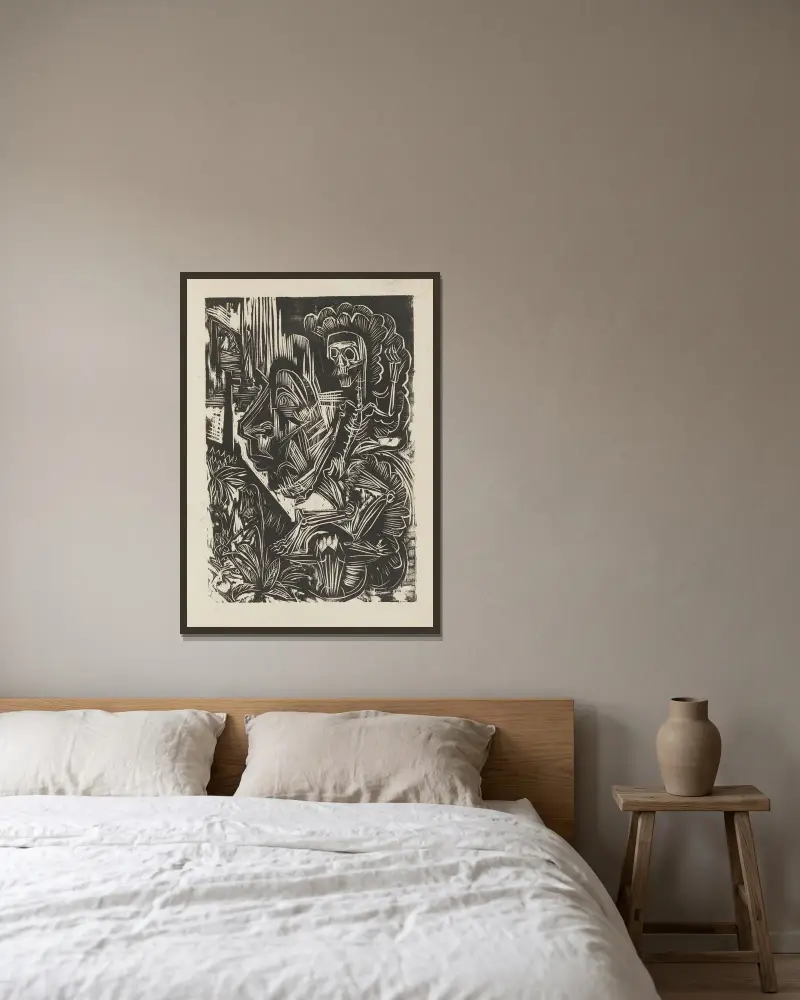 Selbstbildnis mit tanzendem Tod von Ernst Ludwig Kirchner gerahmt an einer Wand